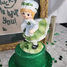 Vintage Lefton Irish Girl Figurine Shamrock and St Patty’s Day Needlepoint