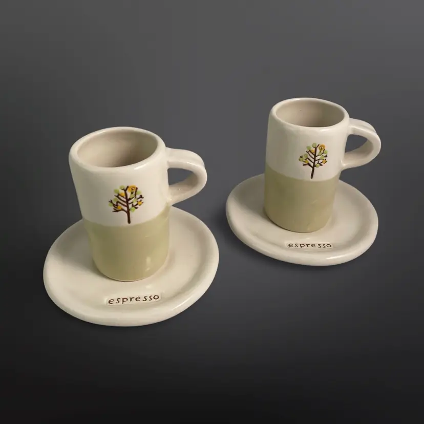 Set of 2 STARBUCKS 2009 Hand-painted Autumn Tree of Life Espresso Cups & Saucers