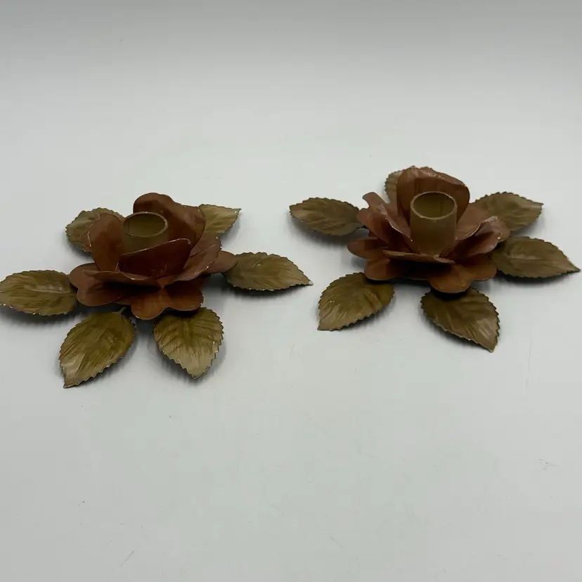 Toleware Metal Rose Floral Pair Of Vintage Taper Candlestick Holders