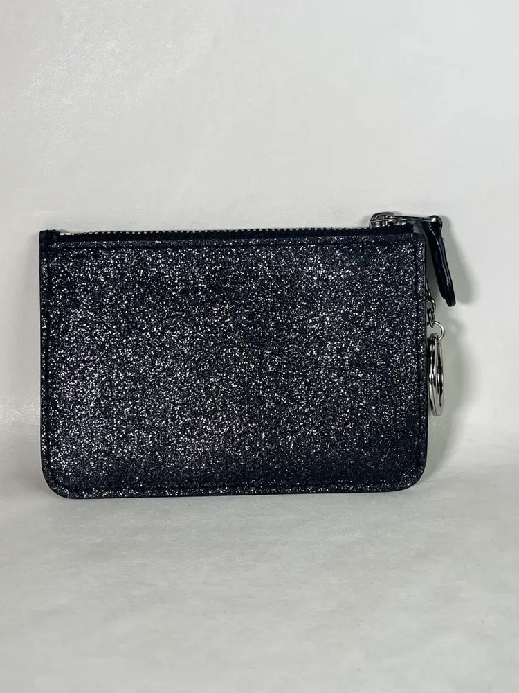 COACH Skinny Key Ring Card Case Small Wallet Glitter Sparkle Black Glam Zip