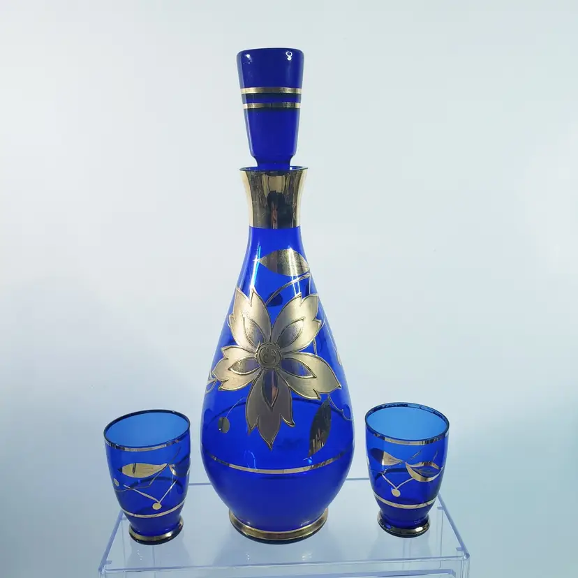 Czech vintage bohemian Blue Gold  decanter and Cordial glasses