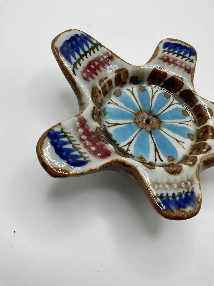Vintage Tonala Pottery  Candle Holder Ken Edwards Hand Paint Mex. Folk Art - Lotus Pattern