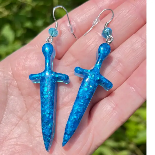 Resin & Glitter Dagger Earrings In Bright Blue With Blue Crystal Dangle. Handmade By Me! 🫶
