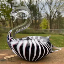 Amethyst & White Striped Art Glass Swan. 4.75”h x 5”w x 2.25”d. 1989. Enesco Sticker On Bottom.