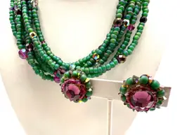 Vintage Green 6 Multistrand Necklace, Green Purple Art Glass, Matching clip On Earrings