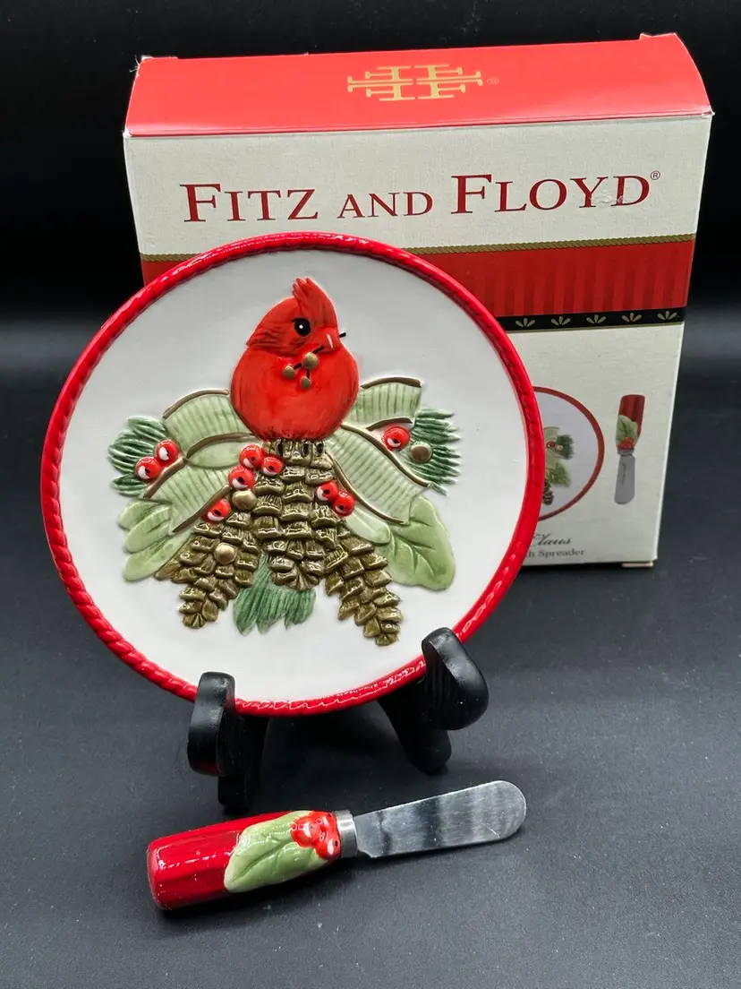 Fitz and Floyd Winter Claus Christmas Snack Plate & Spreader Cardinal Red Bird