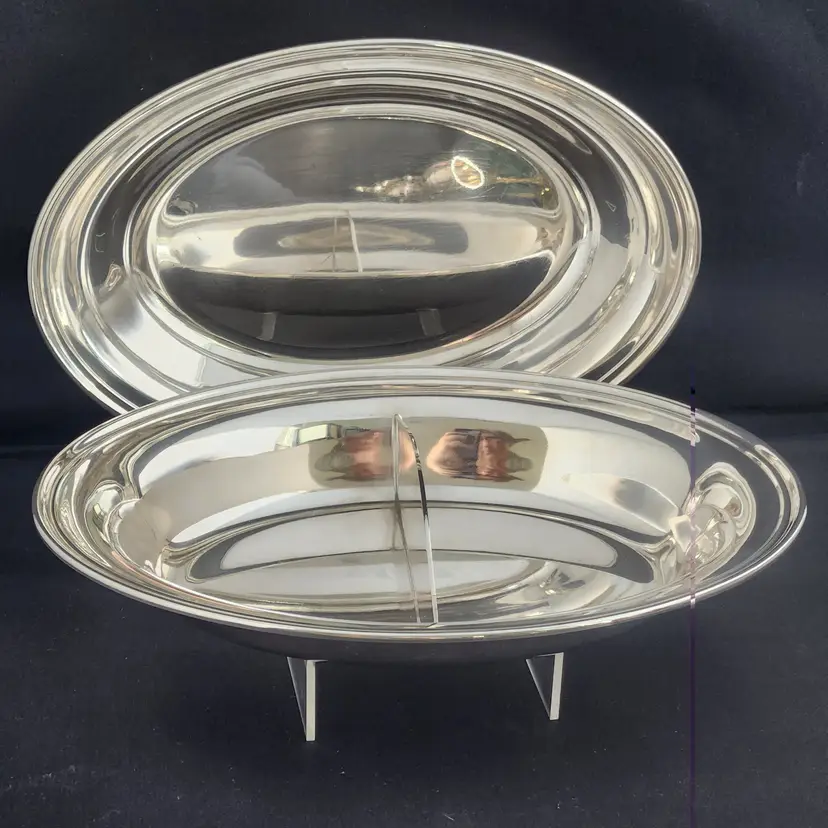 Vintage Oval Divided Silver Plated Serving Dish w Nesting Bowl Lid by Gorham Heavy Plate YC426/41 - USA