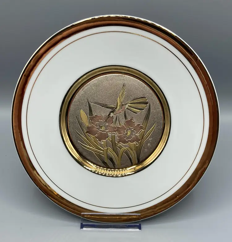 LAST CHANCE: The Art of Chokin Flowers & Hummingbird Plate With 24k Gold Trim with Copper and Silver - Vintage