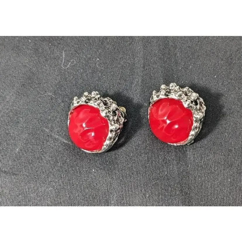 Vintage Judy Lee Red Lucite with Silver Tone  Clip On Earrings - Signed