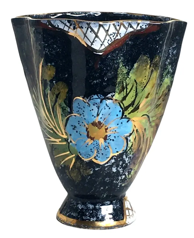 Italian Pottery Fluted Vase Hand Painted Blue, Gold, Burgundy 6"