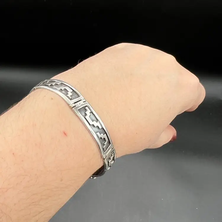 Vintage Taxco Sterling Silver Geometric Linked Bracelet With Aztec Stepped Pyramid Design Overlay