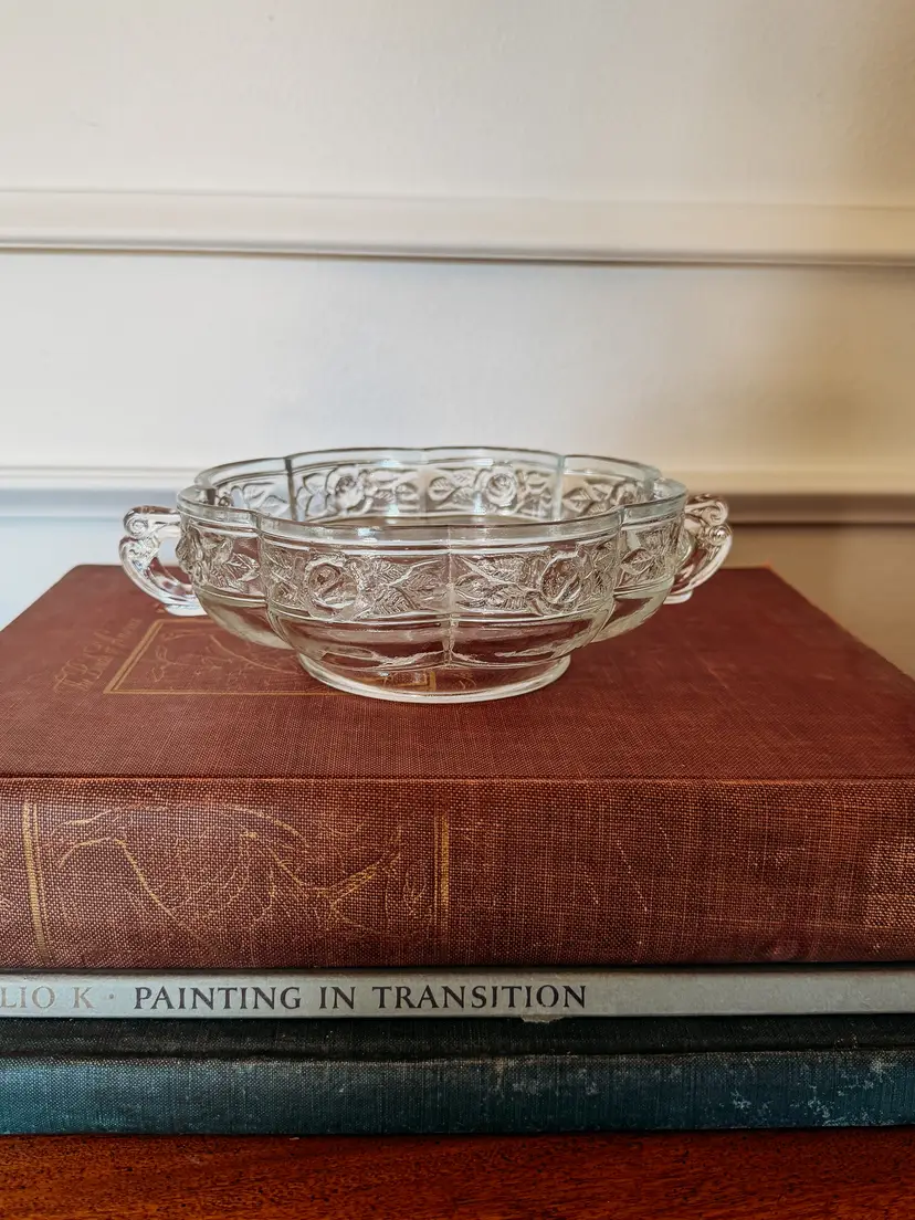 Jeannette Glass Company "Aztec Rose" handled candy dish