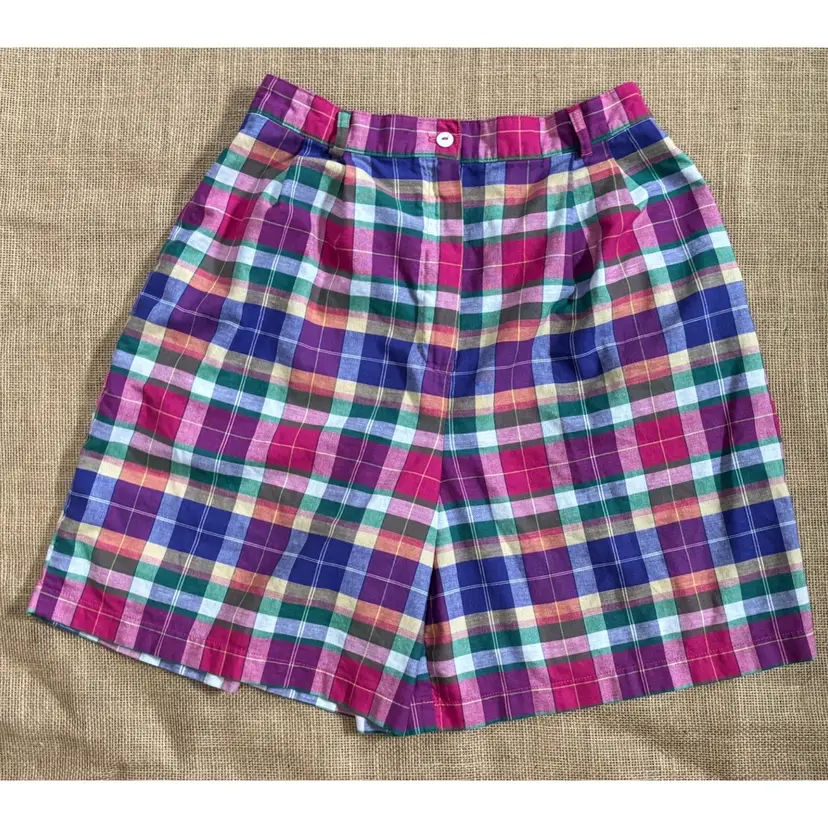 Vintage Pink Purple Colorful Plaid High Waist Shorts Small Medium Kidcore Mom