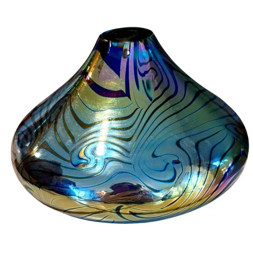 Vintage Iridescent Stuart Abelman Decorative Glass Vase Or Oil Lamp - 4.5” x 3.5”