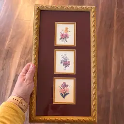 Vintage Gold Framed Botanical Floral Triptych Wall Art
