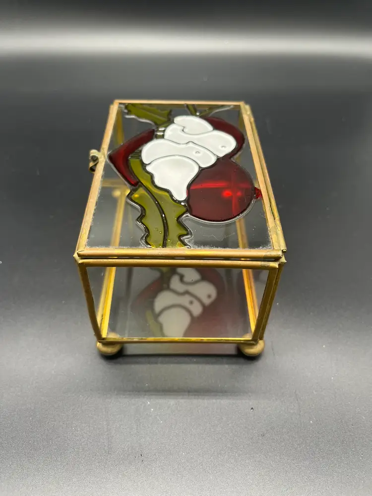 Vintage Brass & Stained Glass Jewelry Box - Doves & Heart