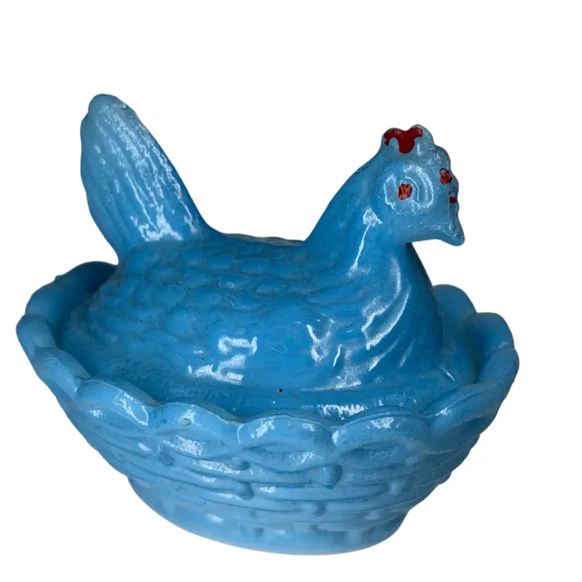 Vintage Westmoreland Glass Salt Cellar Hen On Nest - Blue Painted Over Milk Glass
2” T x 2.5” L x 2” W