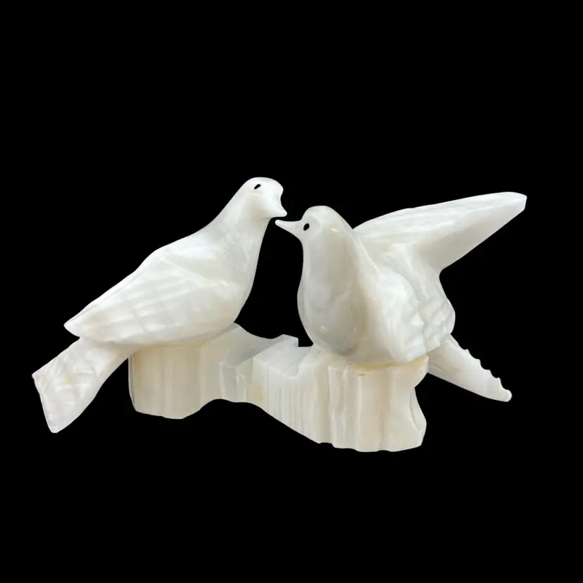 Vintage Carved White Onyx Lovebirds 3”x 6.5”