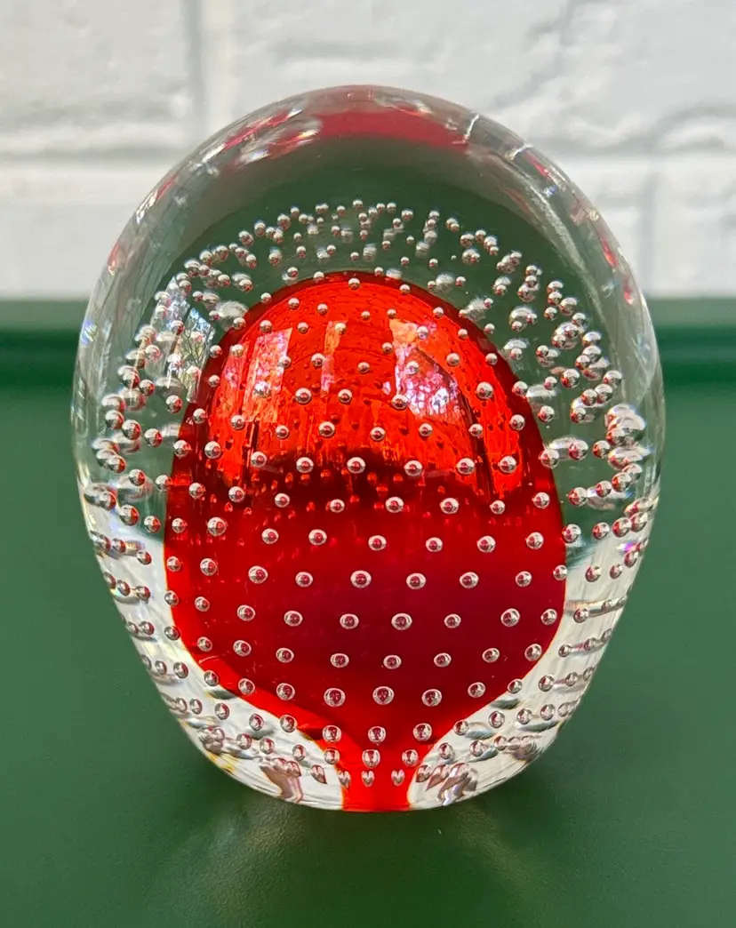 Pilgrim Art Glass Red Controlled Bubble Bullicante Paperweight 3.5” tall