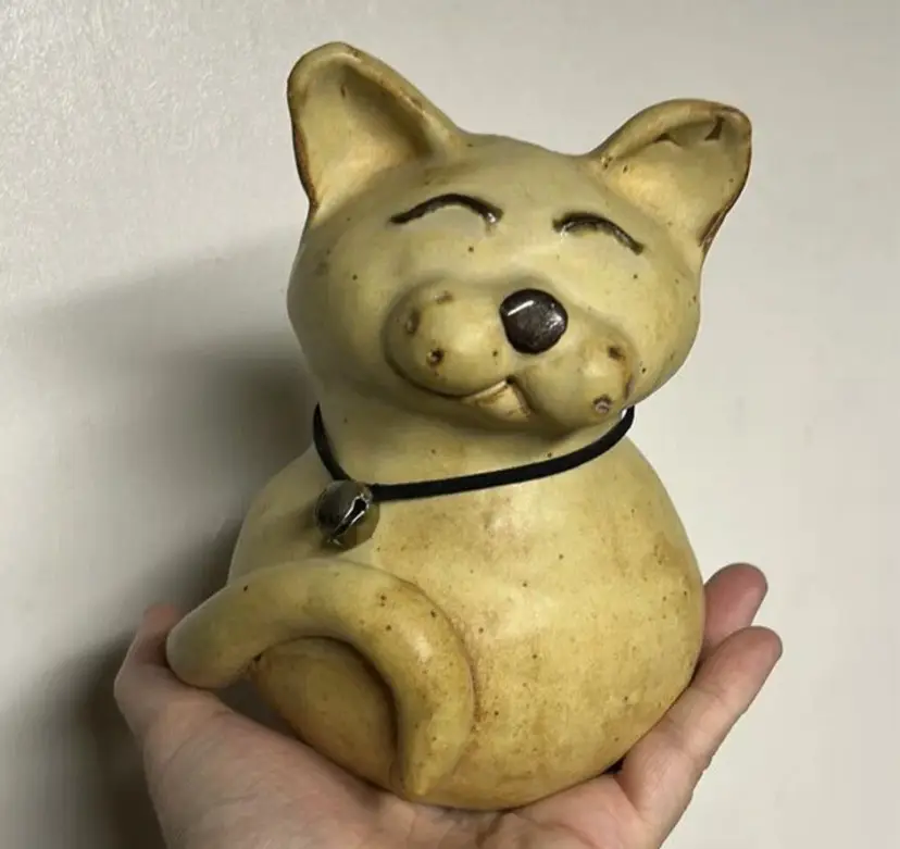 Handmade Pottery Cat Sculpture Signed Brown