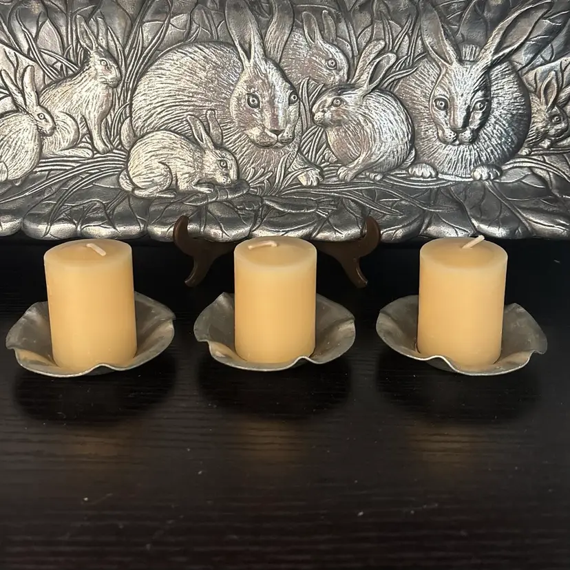 Vintage Worn Metal Scalloped Candle Plate Set