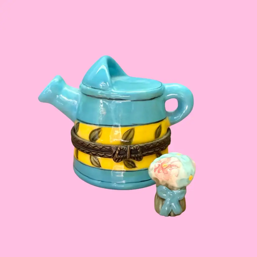 Vintage Porcelain Trinket Box Watering Can w/ Flower Bouquet Trinket