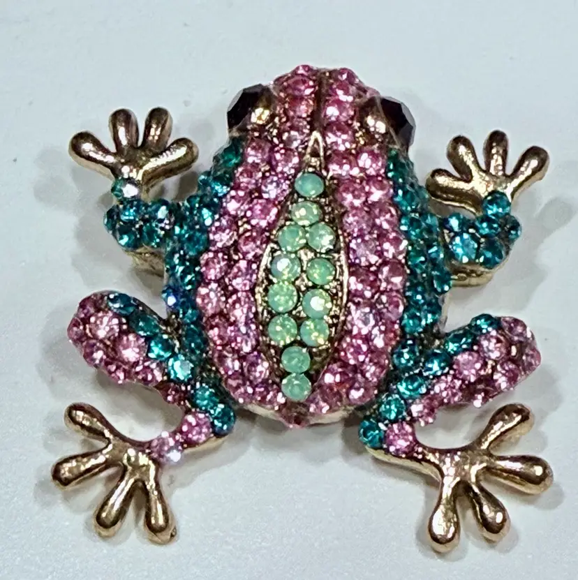 Vintage Rhinestones Frog Brooch - Colorful Crystal Amphibian Pin