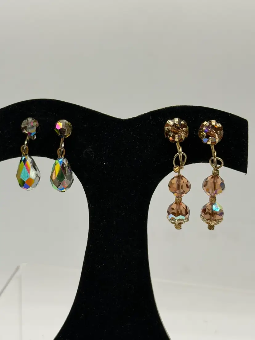 Lot Of 2 Vintage AB Glass Clip On Earrings