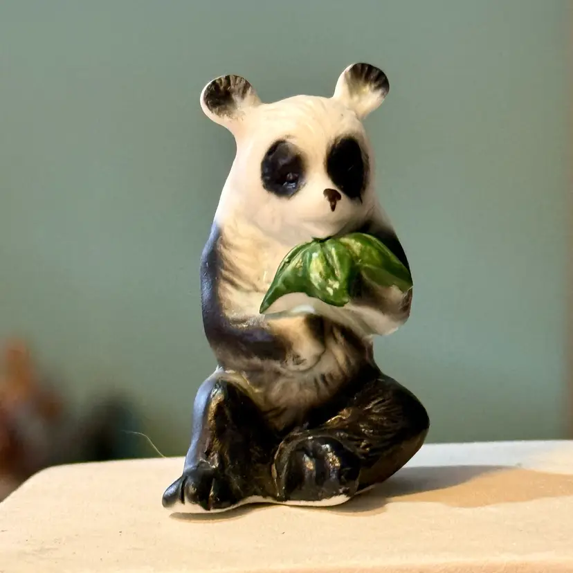 Vintage Panda Bear Eating Leaves Bone China Miniature Figurine (Japan)