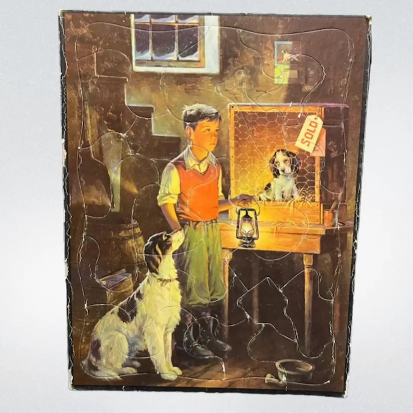 MARKDOWN! Boy & Puppies Frame Tray Picture Puzzle ~14.75” x 11.25”