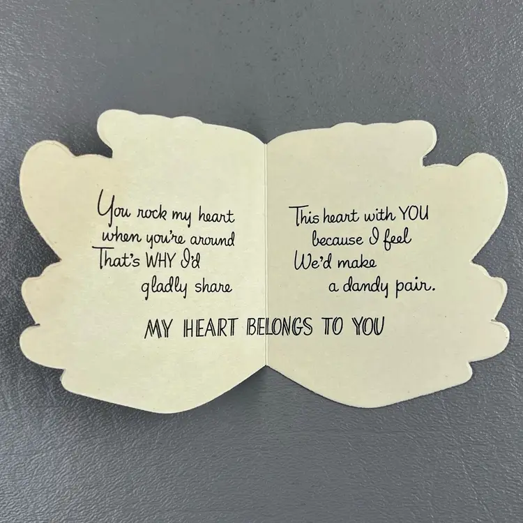 Vintage Die Cut Valentine Card Bear Rocking Chair Hearts Your Rock My Heart 3.25"