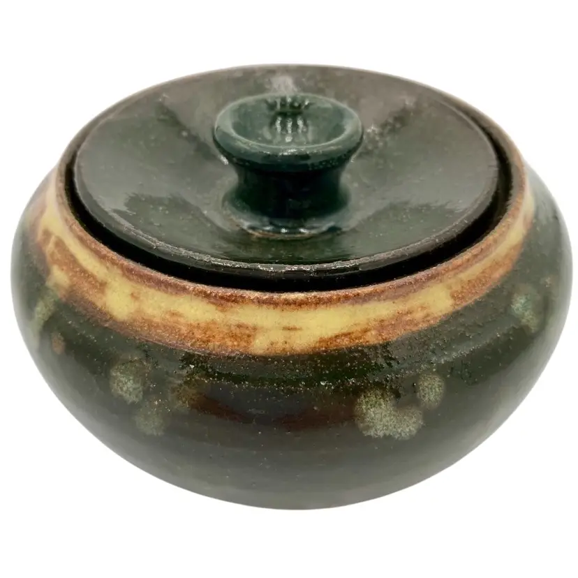 Studio Pottery Lidded Bowl, Signed, Forest Green w/Yellow, Surprise Inside