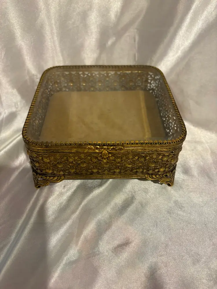 Vintage Footed Gold Metal Beveled Glass Top Jewelry Box
