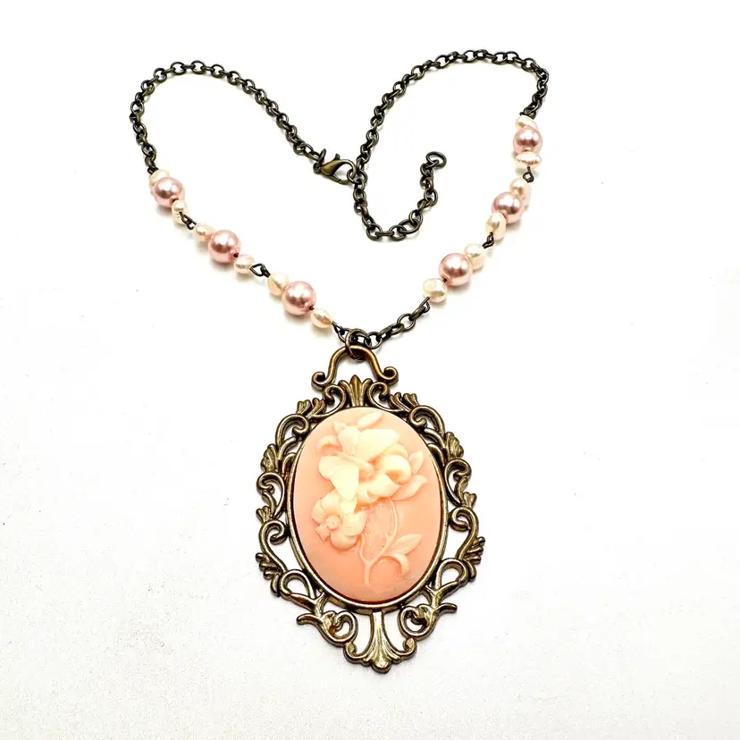 Butterfly Floral Cameo Pendant Necklace Gold Tone Bridgerton Inspired Jewelry