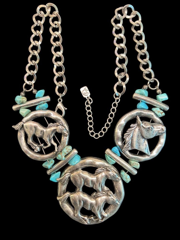 Western Horse Horses Silver Tone Faux Turquoise Statement Necklace 🐎 #D6-4