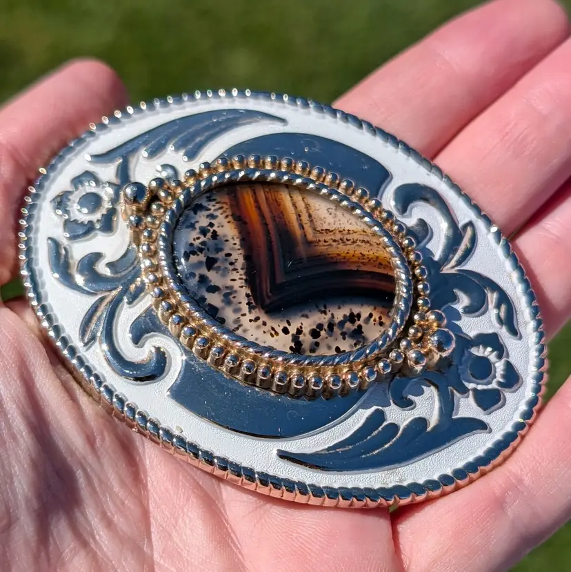 Vintage Montana Moss Agate Belt Buckle Gold Tone Flowers White Cowgirl Western