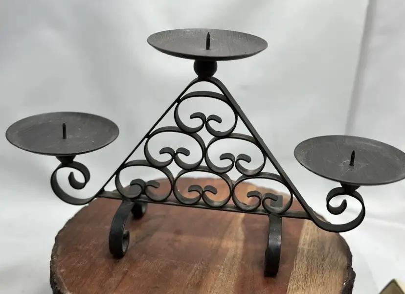 Spanish Scroll Three Tier Black Iron Metal Paperweight Candelabra Candle Holder