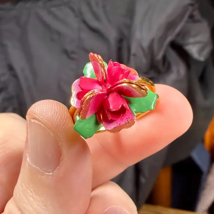 Vintage Adjustable Open Ring, Gold Tone Metal Enamel Pink Flower Approx Size 6-7