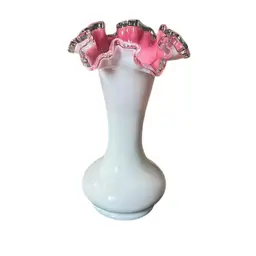 Fenton Peachblow Silvercrest Vase Double Crimped Cased Milk Glass