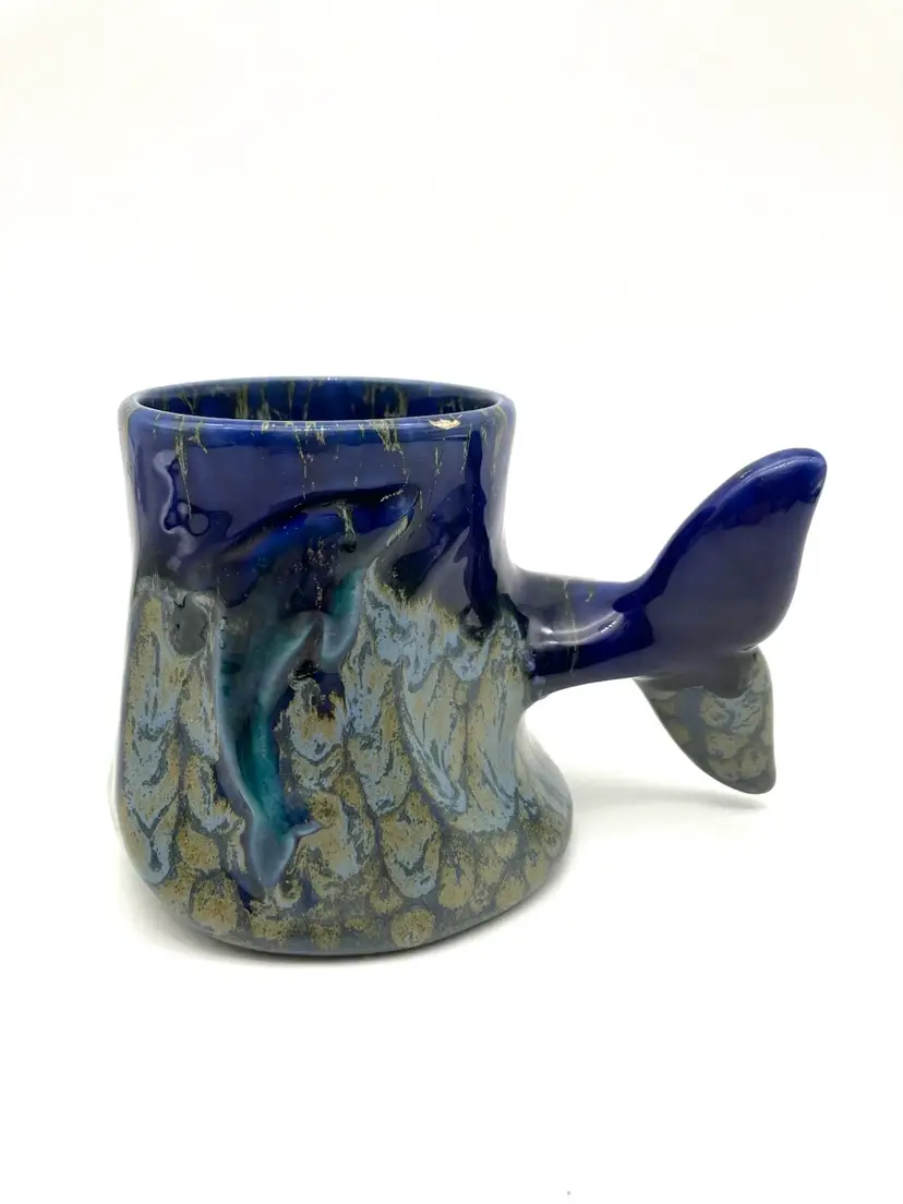BIN - Studio Pottery Dolphin Mug With Dolphin Tail Handle 12 Oz. As Is