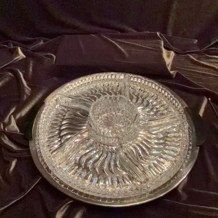 Gorgeous Vintage (Kromex) Silver metal tray with black handles & Glass  7 Pc Serving Dish Party Tray- Beautiful cut glass design