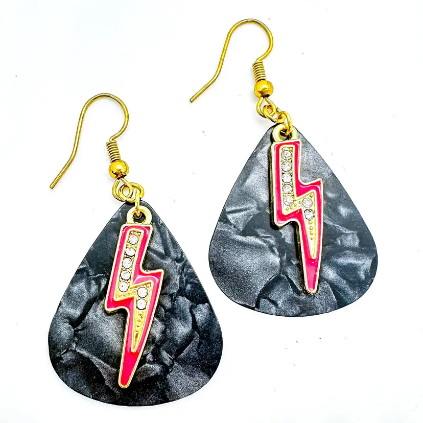 Guitar Pick Lightning Bolt Charm Earrings Handmade Black Hot Pink