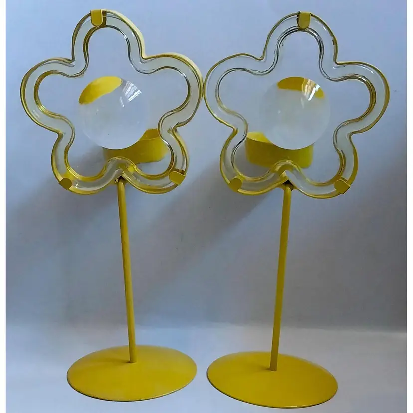 Vintage & RARE Set of Bright Yellow Metal & Glass Flower Shaped Votive Holders