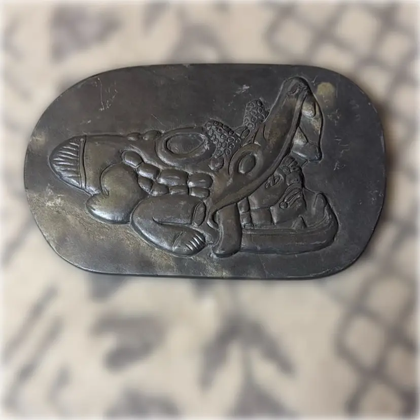 Crocodile Mayan Art by Guillermo Ramos Art Carving on Slate - 7.5” long and 4.5” tall