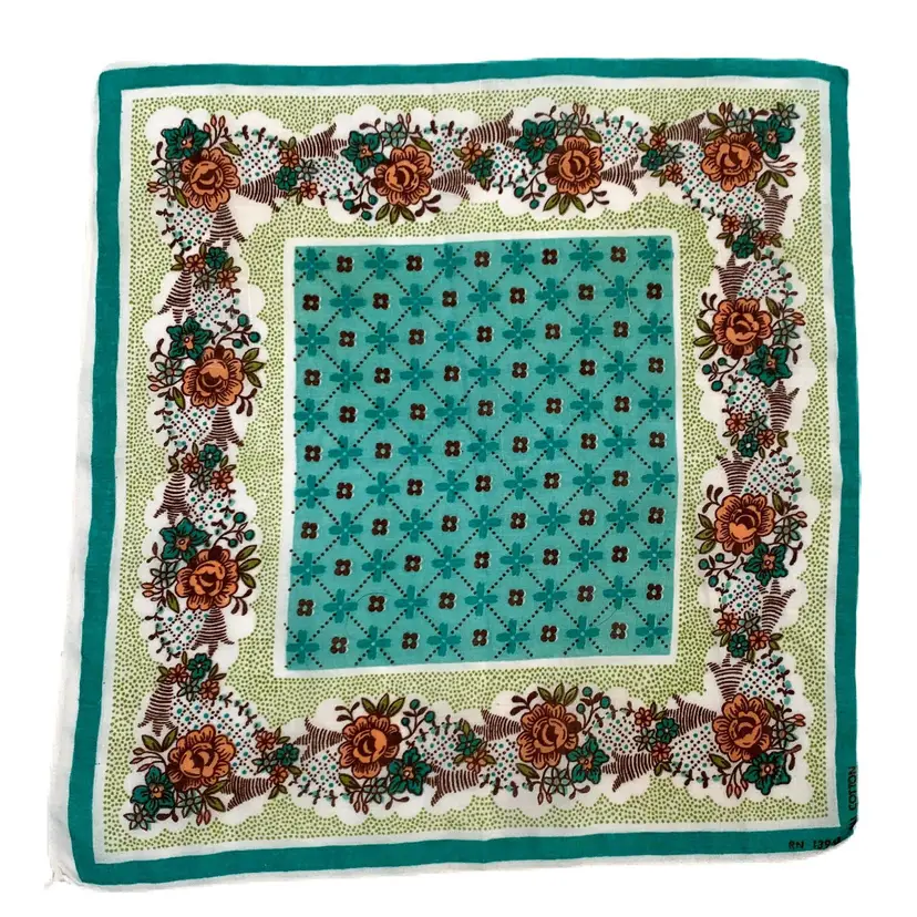 Floral Cotton Handkerchief Cottagecore Vintage Granny 1960s Teal Green Border
