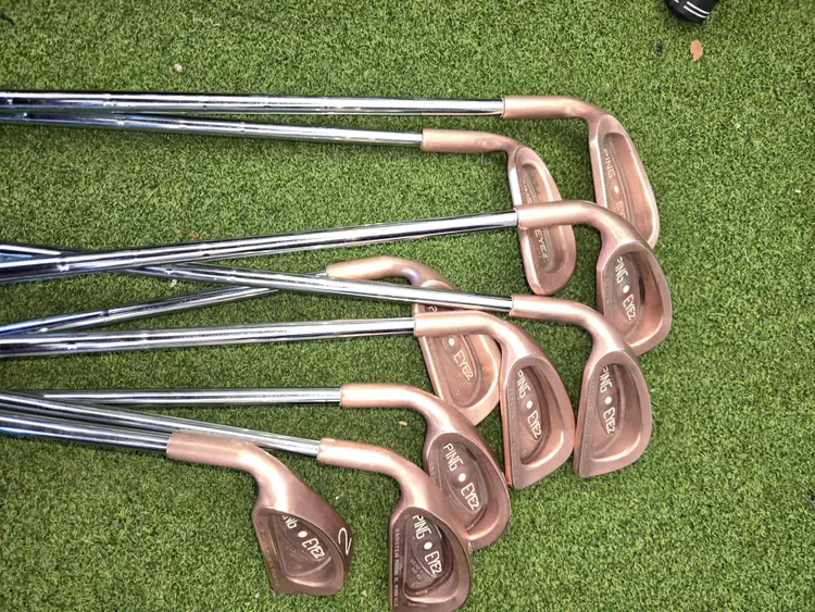 Men's Left-handed PING EYE2 BE-CU white dot Golf iron set (3-9, W) and matching serial numbers, with good grips