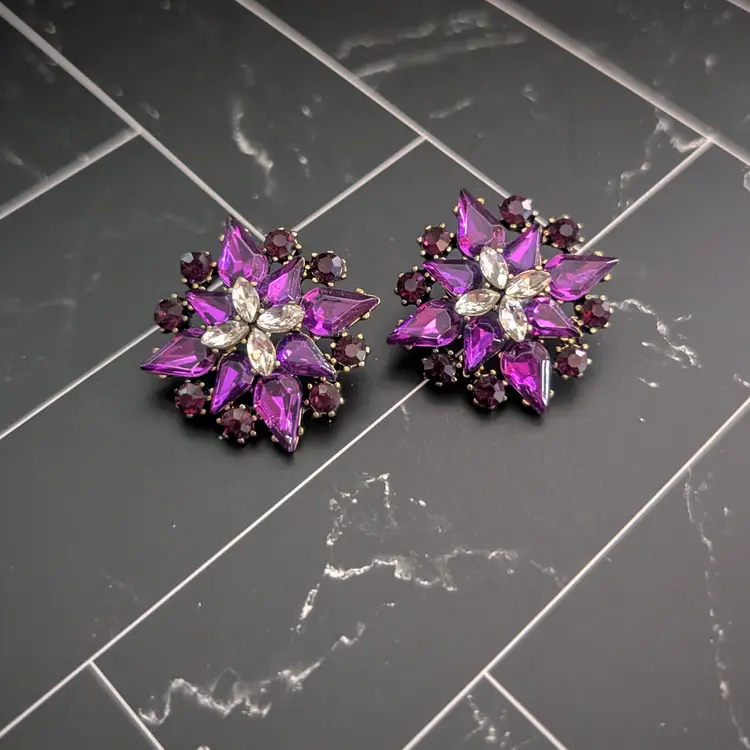 Vintage Stud Earrings 1.25" Purple & Clear Gems Regal Large Statement