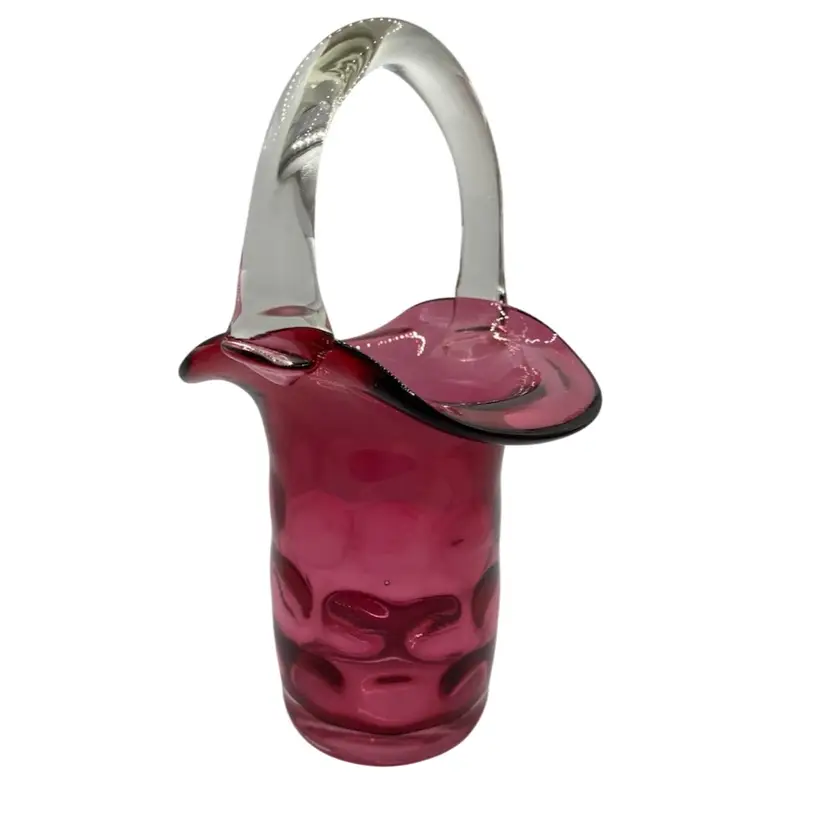 Glass Cranberry Basket, Inverted Thumbprint, Clear Applied Handle, 8.5" Tall