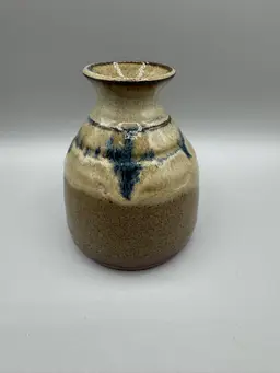 Pottery Vase Bud Stoneware Brown Blue Drip Glaze Heavy Vintage Folk Art Rustic