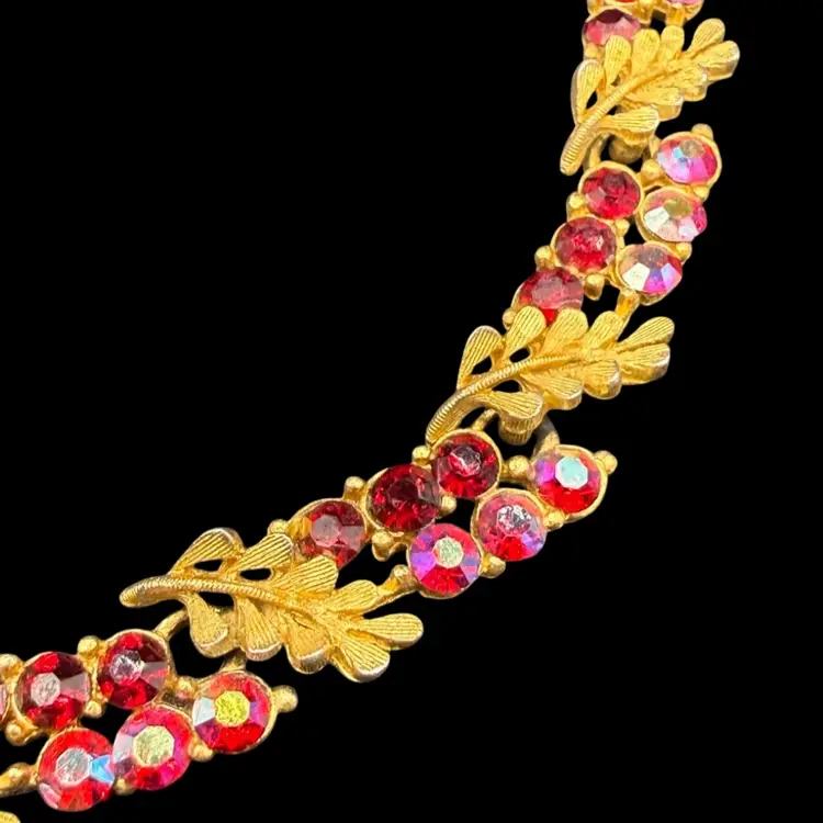 vintage gold-tone leaf choker necklace with red rhinestones